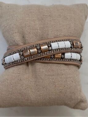 Stella& Dot Leather Wrap Bracelet Gold and White Embroidery
